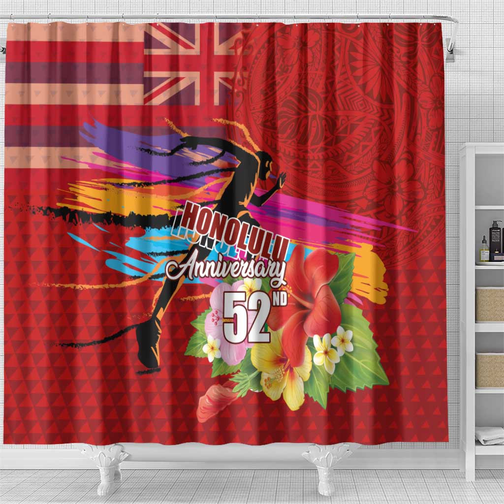 Honolulu Anniversary 52nd Running Shower Curtain Marathon Competition Kakau Pattern Red Color LT03 - Polynesian Pride