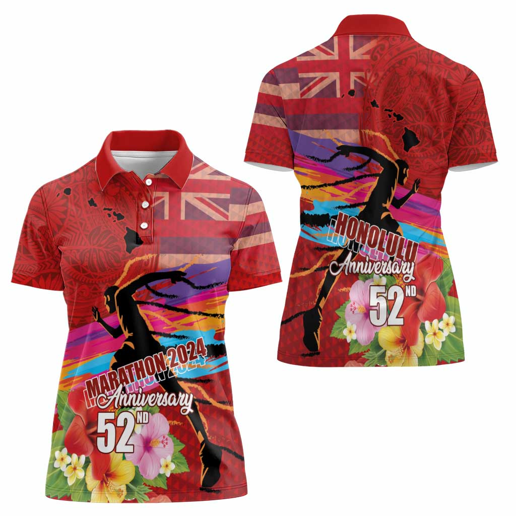Honolulu Anniversary 52nd Running Women Polo Shirt Marathon Competition Kakau Pattern Red Color