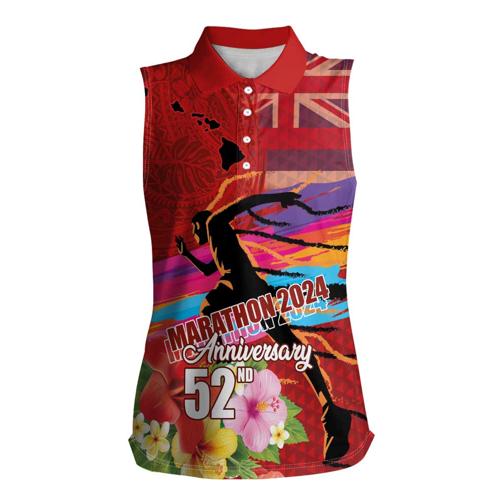 Honolulu Anniversary 52nd Running Women Sleeveless Polo Shirt Marathon Competition Kakau Pattern Red Color LT03 Female Red - Polynesian Pride