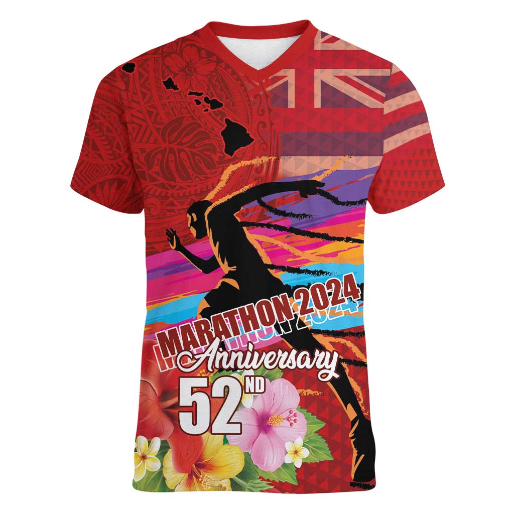 Honolulu Anniversary 52nd Running Women V-Neck T-Shirt Marathon Competition Kakau Pattern Red Color LT03 Female Red - Polynesian Pride