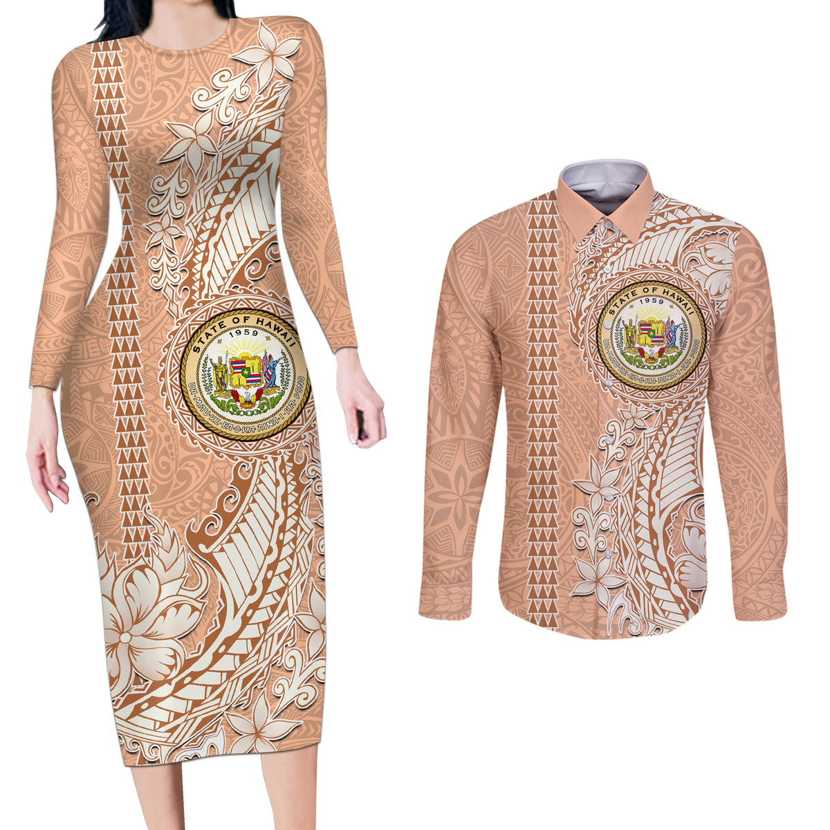Hawaii Tropical Flowers with Kakau Tribal Couples Matching Long Sleeve Bodycon Dress and Long Sleeve Button Shirt Peach Fuzz Color LT03 Peach Fuzz - Polynesian Pride