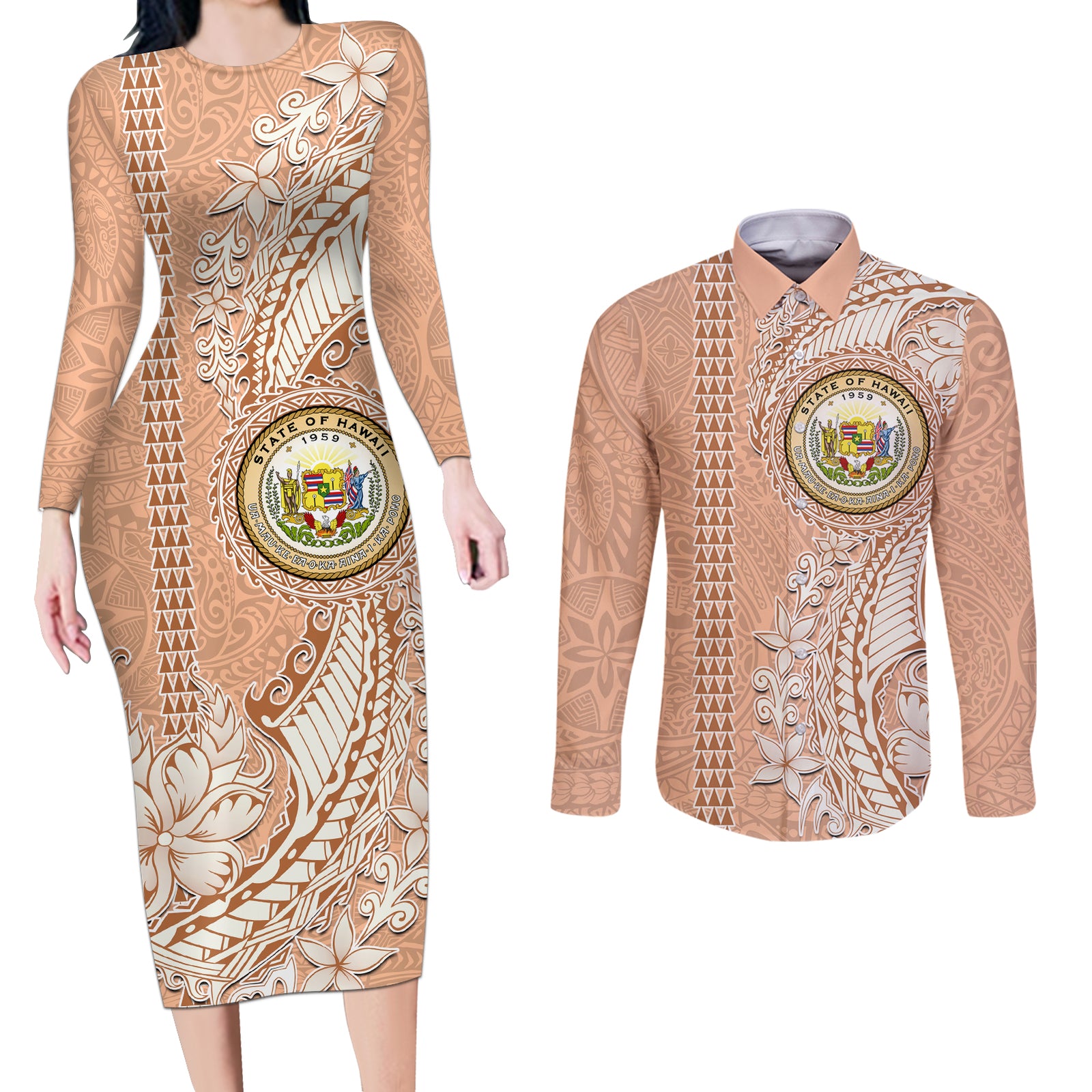 Hawaii Tropical Flowers with Kakau Tribal Couples Matching Long Sleeve Bodycon Dress and Long Sleeve Button Shirt Peach Fuzz Color LT03 Peach Fuzz - Polynesian Pride