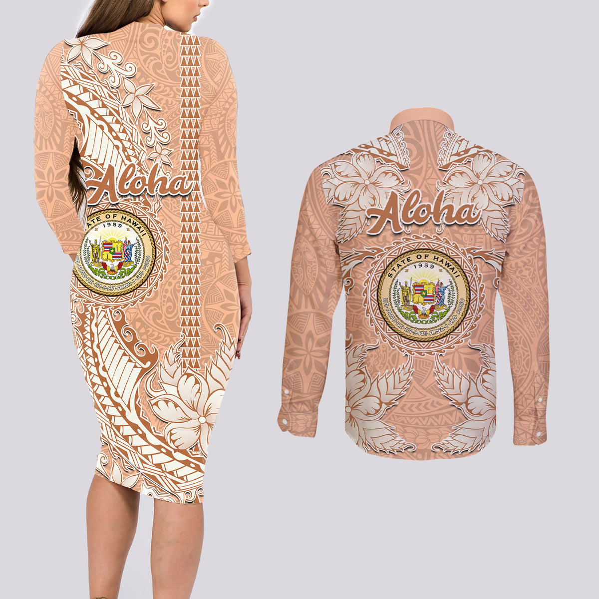 Hawaii Tropical Flowers with Kakau Tribal Couples Matching Long Sleeve Bodycon Dress and Long Sleeve Button Shirt Peach Fuzz Color LT03 - Polynesian Pride