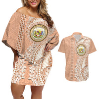Hawaii Tropical Flowers with Kakau Tribal Couples Matching Off Shoulder Short Dress and Hawaiian Shirt Peach Fuzz Color LT03 Peach Fuzz - Polynesian Pride