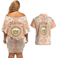 Hawaii Tropical Flowers with Kakau Tribal Couples Matching Off Shoulder Short Dress and Hawaiian Shirt Peach Fuzz Color LT03 - Polynesian Pride