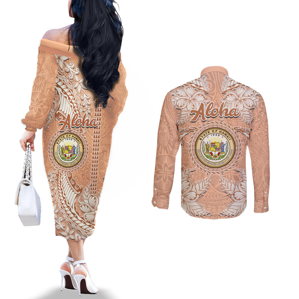Hawaii Tropical Flowers with Kakau Tribal Couples Matching Off The Shoulder Long Sleeve Dress and Long Sleeve Button Shirt Peach Fuzz Color LT03 - Polynesian Pride