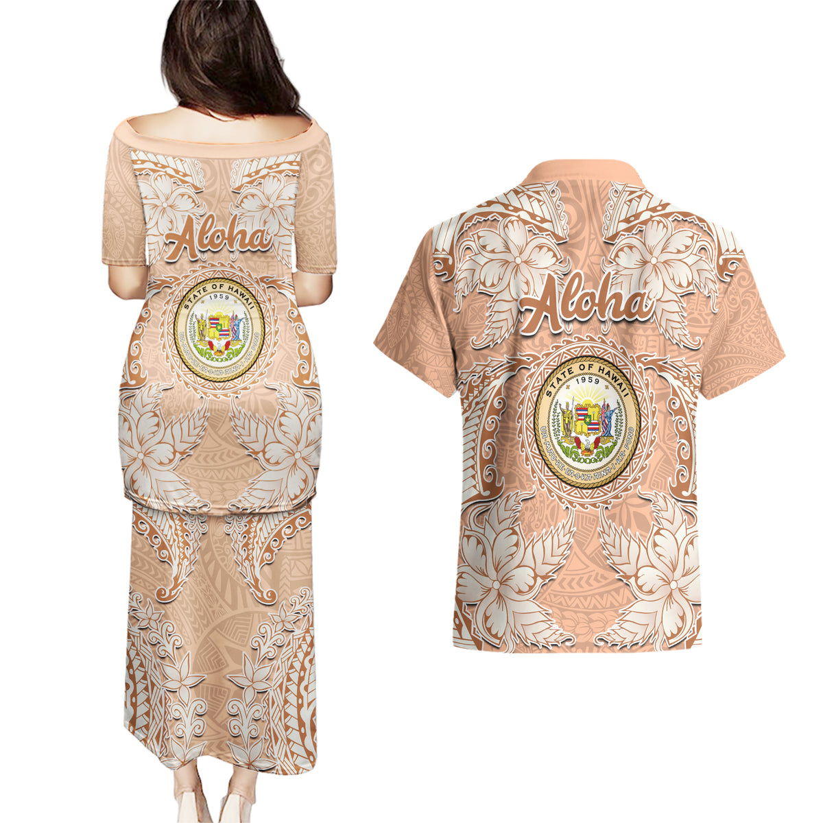Hawaii Tropical Flowers with Kakau Tribal Couples Matching Puletasi Dress and Hawaiian Shirt Peach Fuzz Color LT03 - Polynesian Pride
