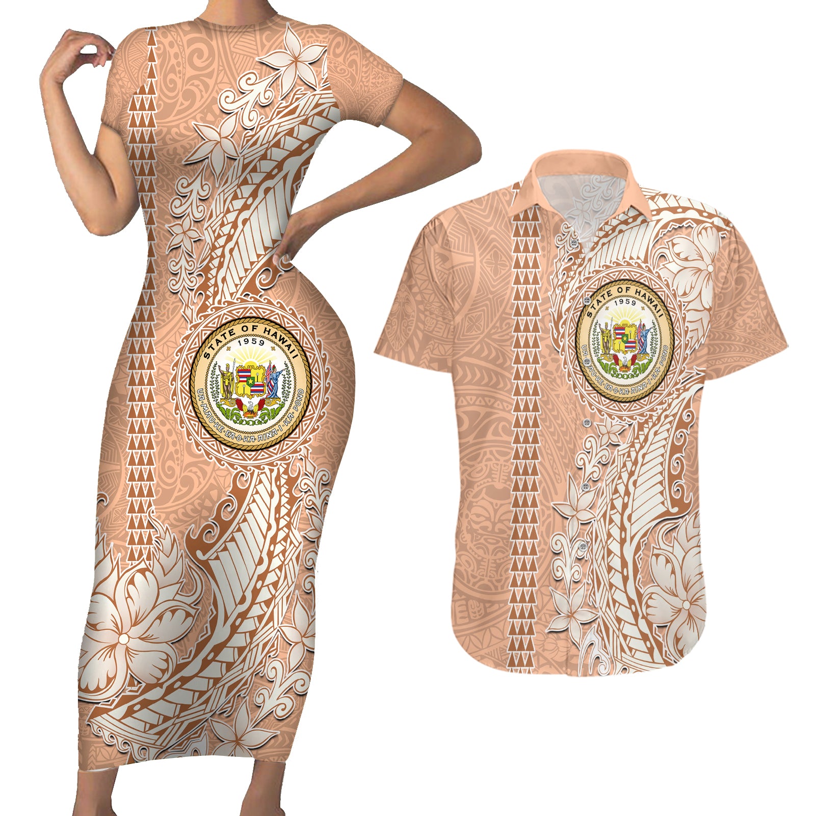 Hawaii Tropical Flowers with Kakau Tribal Couples Matching Short Sleeve Bodycon Dress and Hawaiian Shirt Peach Fuzz Color LT03 Peach Fuzz - Polynesian Pride