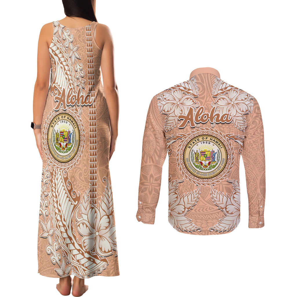 Hawaii Tropical Flowers with Kakau Tribal Couples Matching Tank Maxi Dress and Long Sleeve Button Shirt Peach Fuzz Color LT03 - Polynesian Pride