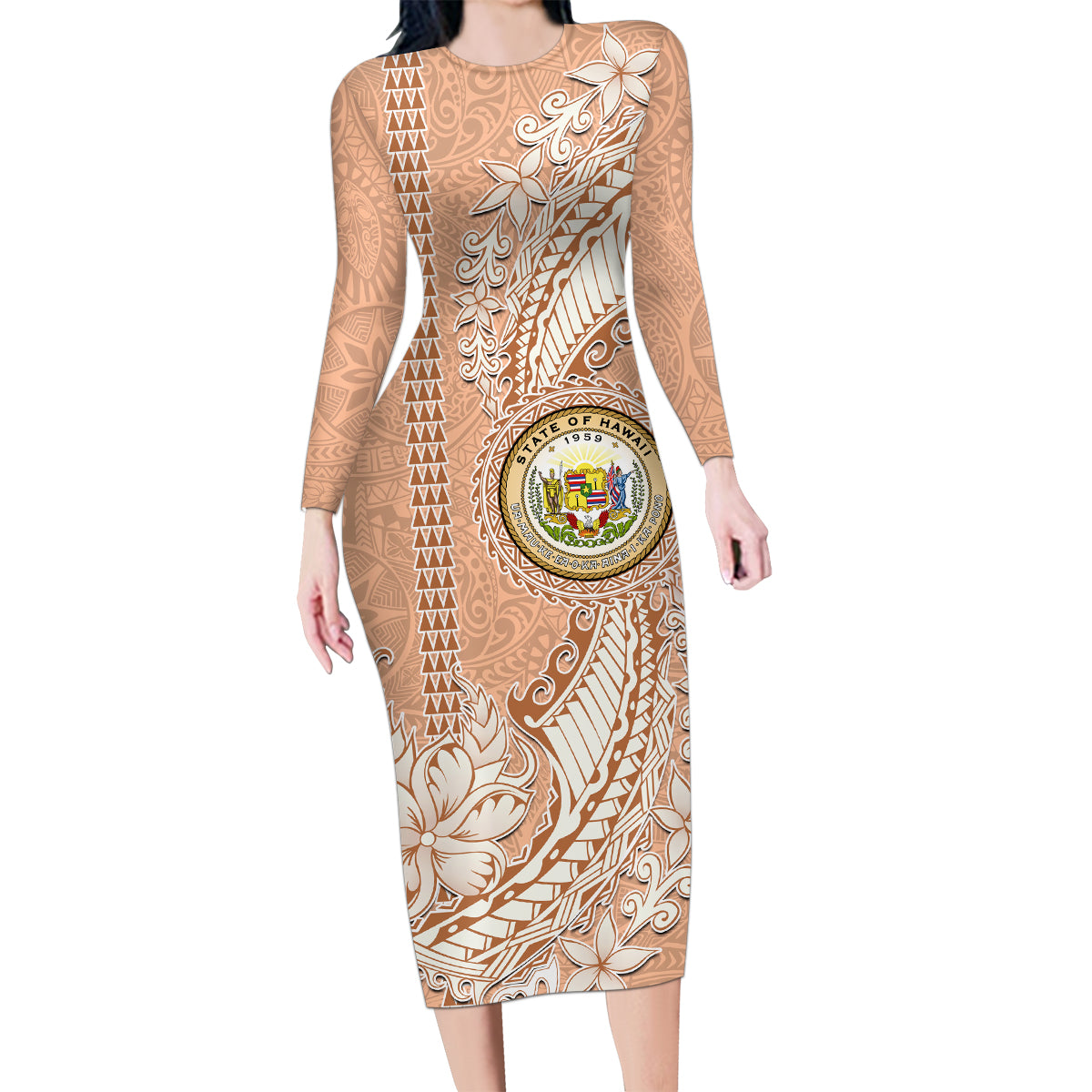 Hawaii Tropical Flowers with Kakau Tribal Family Matching Long Sleeve Bodycon Dress and Hawaiian Shirt Peach Fuzz Color LT03 Mom's Dress Peach Fuzz - Polynesian Pride