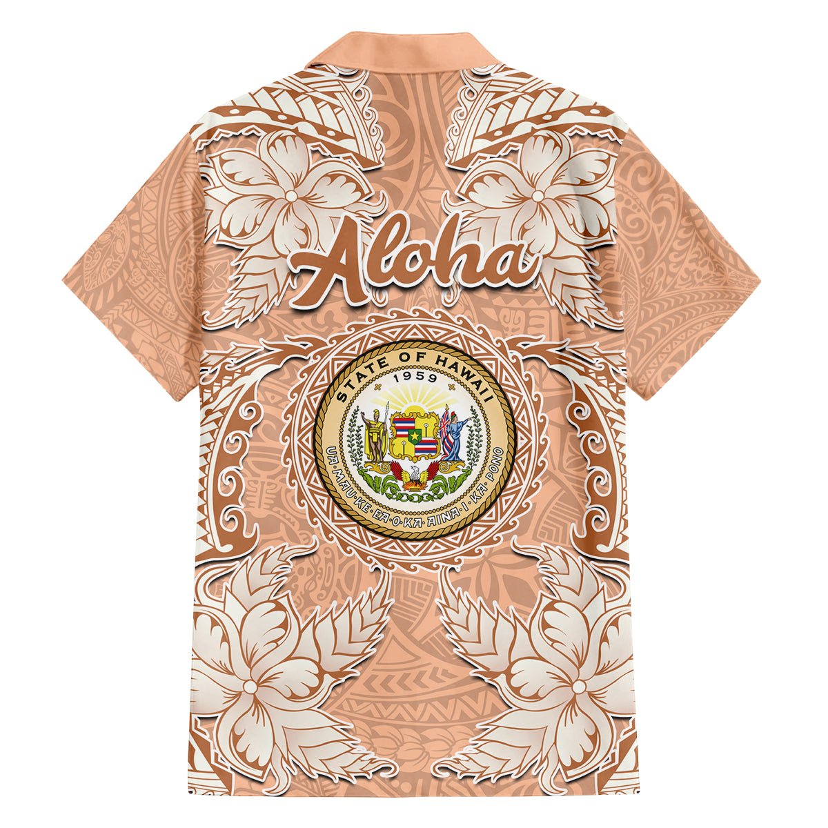 Hawaii Tropical Flowers with Kakau Tribal Family Matching Off Shoulder Short Dress and Hawaiian Shirt Peach Fuzz Color LT03 - Polynesian Pride