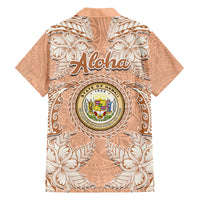 Hawaii Tropical Flowers with Kakau Tribal Family Matching Off Shoulder Short Dress and Hawaiian Shirt Peach Fuzz Color LT03 - Polynesian Pride