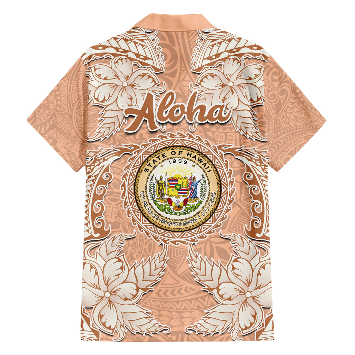 Hawaii Tropical Flowers with Kakau Tribal Family Matching Short Sleeve Bodycon Dress and Hawaiian Shirt Peach Fuzz Color LT03 - Polynesian Pride