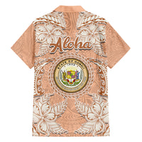 Hawaii Tropical Flowers with Kakau Tribal Family Matching Short Sleeve Bodycon Dress and Hawaiian Shirt Peach Fuzz Color LT03 - Polynesian Pride