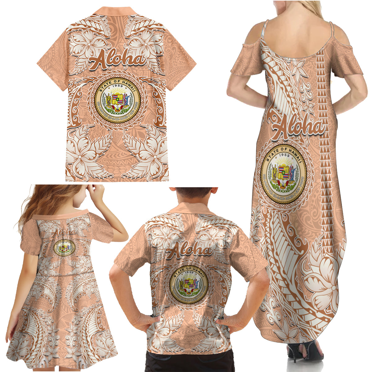 Hawaii Tropical Flowers with Kakau Tribal Family Matching Summer Maxi Dress and Hawaiian Shirt Peach Fuzz Color LT03 - Polynesian Pride