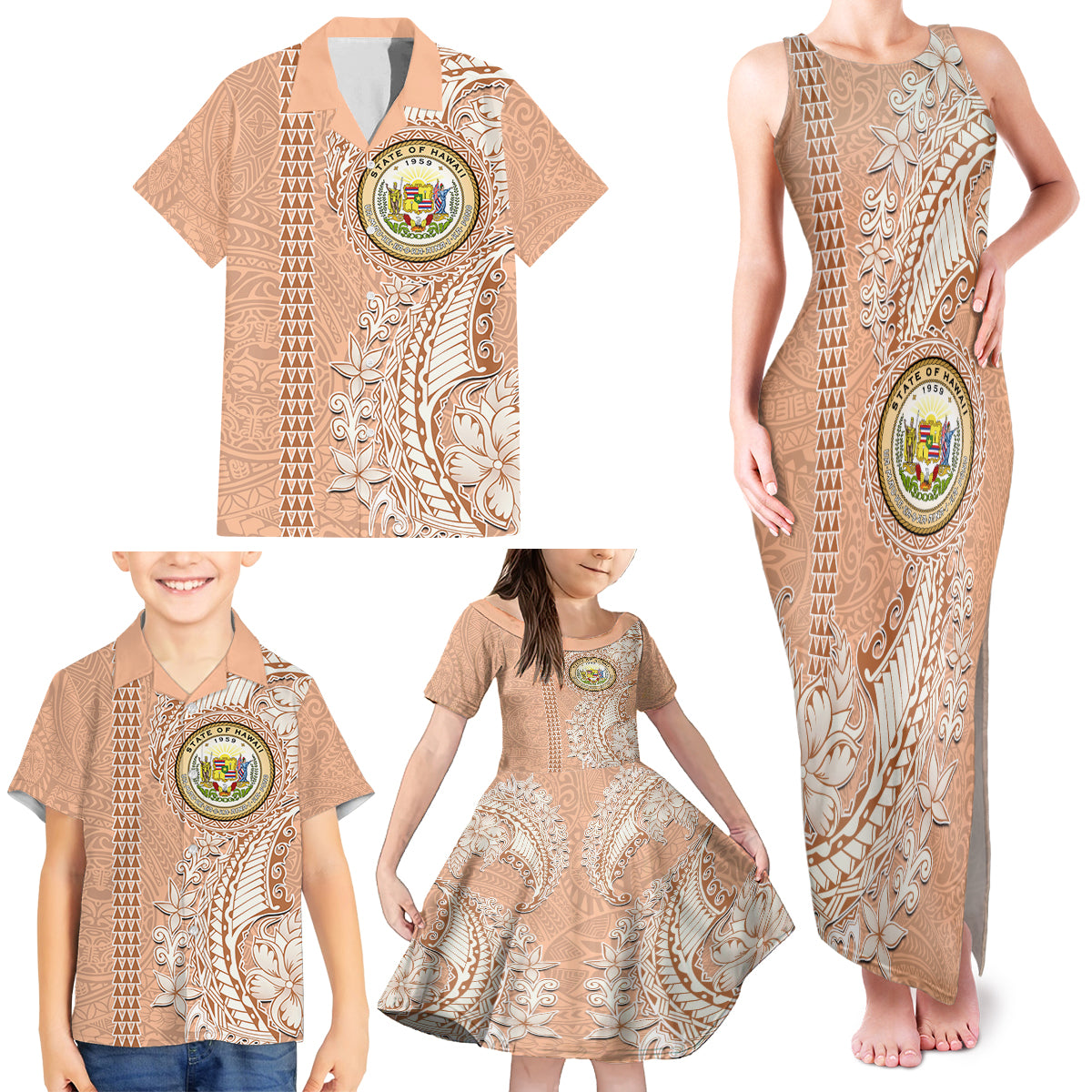 Hawaii Tropical Flowers with Kakau Tribal Family Matching Tank Maxi Dress and Hawaiian Shirt Peach Fuzz Color LT03 - Polynesian Pride