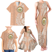 Hawaii Tropical Flowers with Kakau Tribal Family Matching Tank Maxi Dress and Hawaiian Shirt Peach Fuzz Color LT03 - Polynesian Pride
