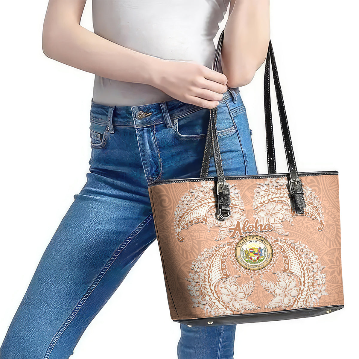 Hawaii Tropical Flowers with Kakau Tribal Leather Tote Bag Peach Fuzz Color LT03 - Polynesian Pride