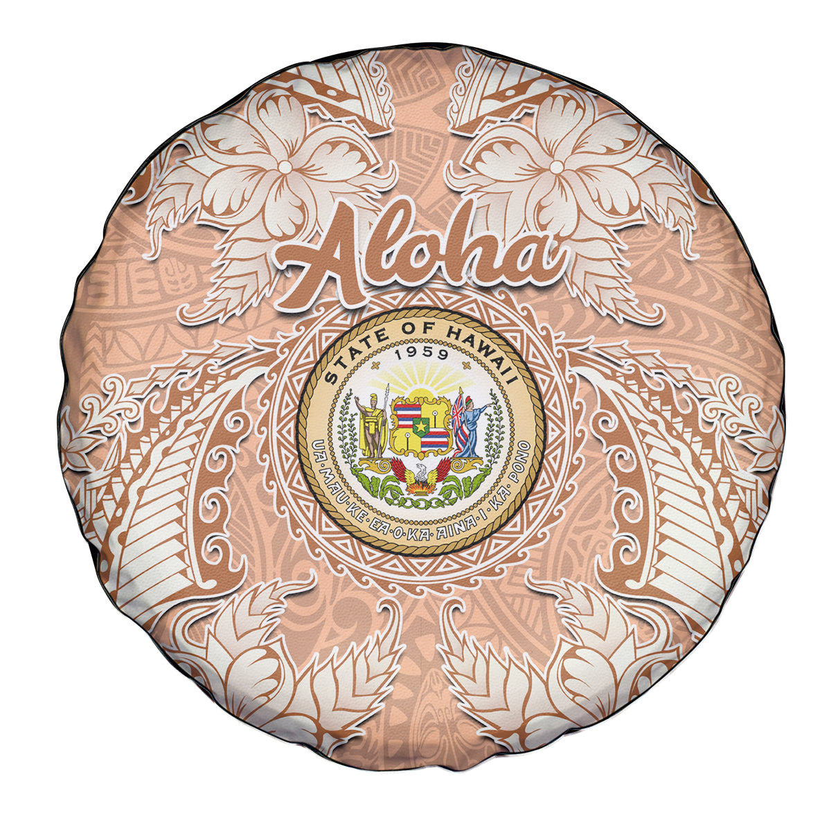 Hawaii Tropical Flowers with Kakau Tribal Spare Tire Cover Peach Fuzz Color LT03 - Polynesian Pride
