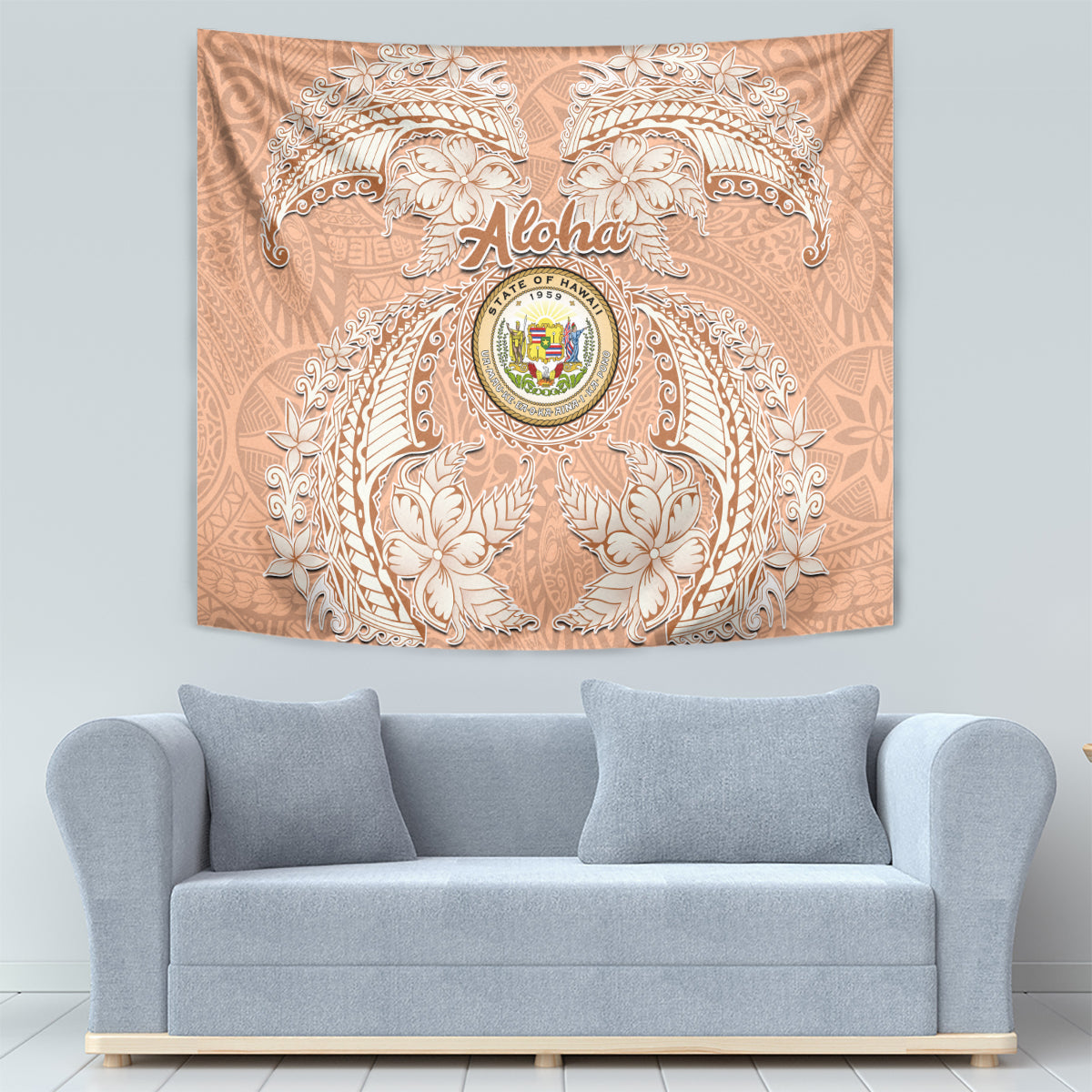 Hawaii Tropical Flowers with Kakau Tribal Tapestry Peach Fuzz Color LT03 - Polynesian Pride