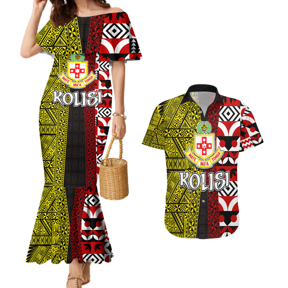 Tonga Kolisi Tonga Couples Matching Mermaid Dress and Hawaiian Shirt Ngatu and Geometric Pattern LT03 Red - Polynesian Pride