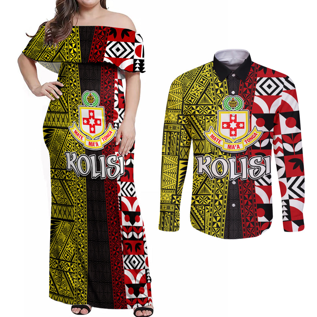 Tonga Kolisi Tonga Couples Matching Off Shoulder Maxi Dress and Long Sleeve Button Shirt Ngatu and Geometric Pattern LT03 Red - Polynesian Pride