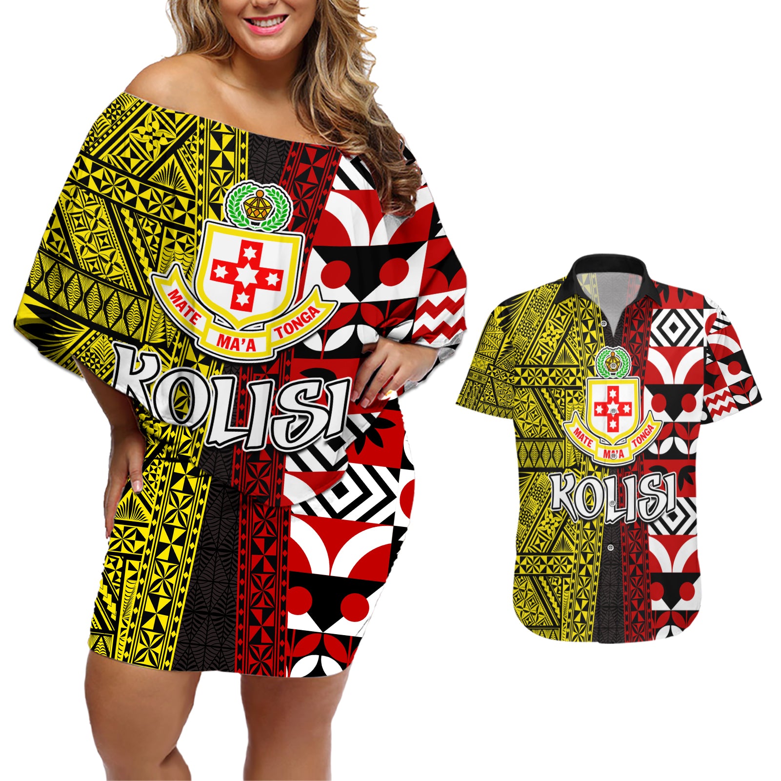 Tonga Kolisi Tonga Couples Matching Off Shoulder Short Dress and Hawaiian Shirt Ngatu and Geometric Pattern LT03 Red - Polynesian Pride