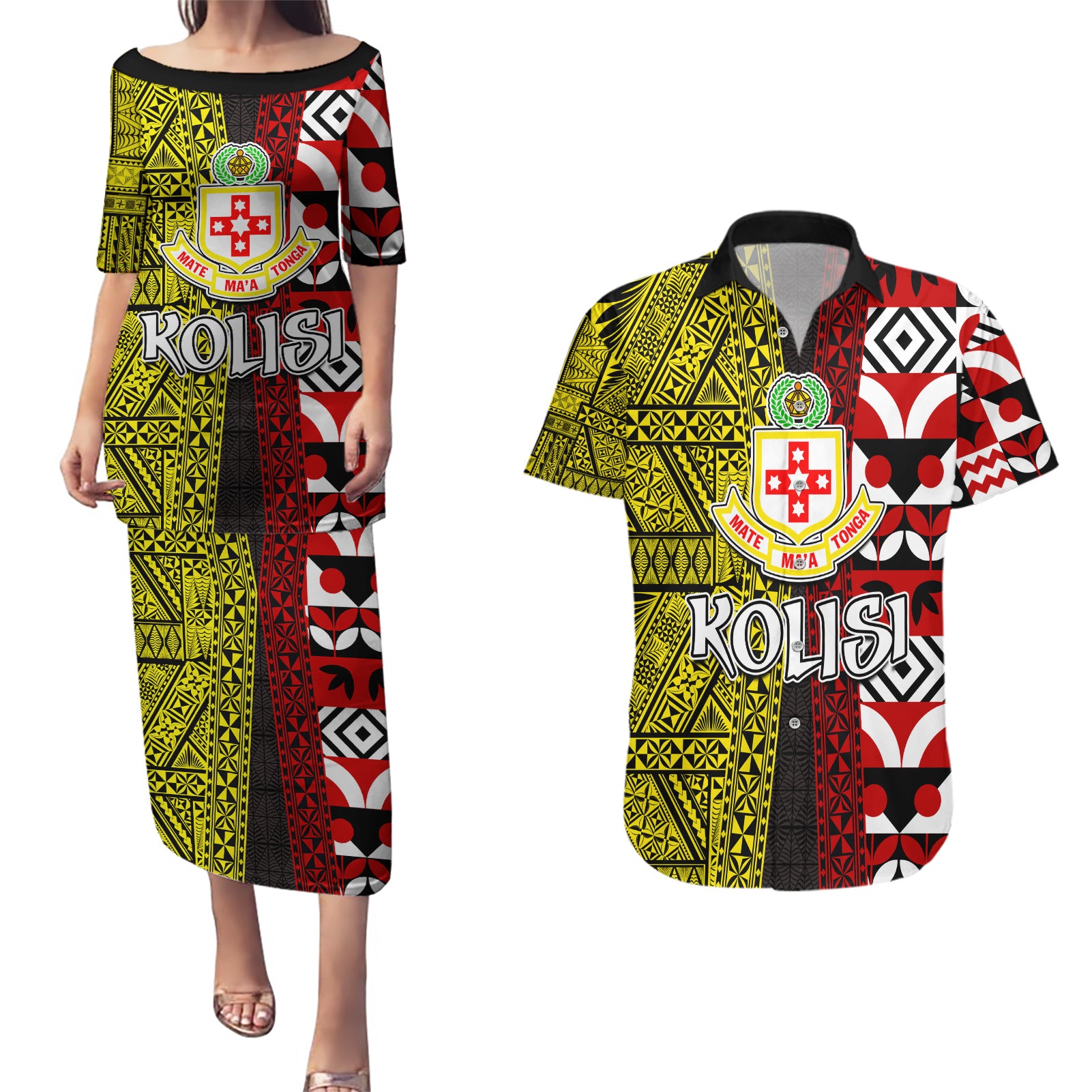 Tonga Kolisi Tonga Couples Matching Puletasi Dress and Hawaiian Shirt Ngatu and Geometric Pattern LT03 Red - Polynesian Pride