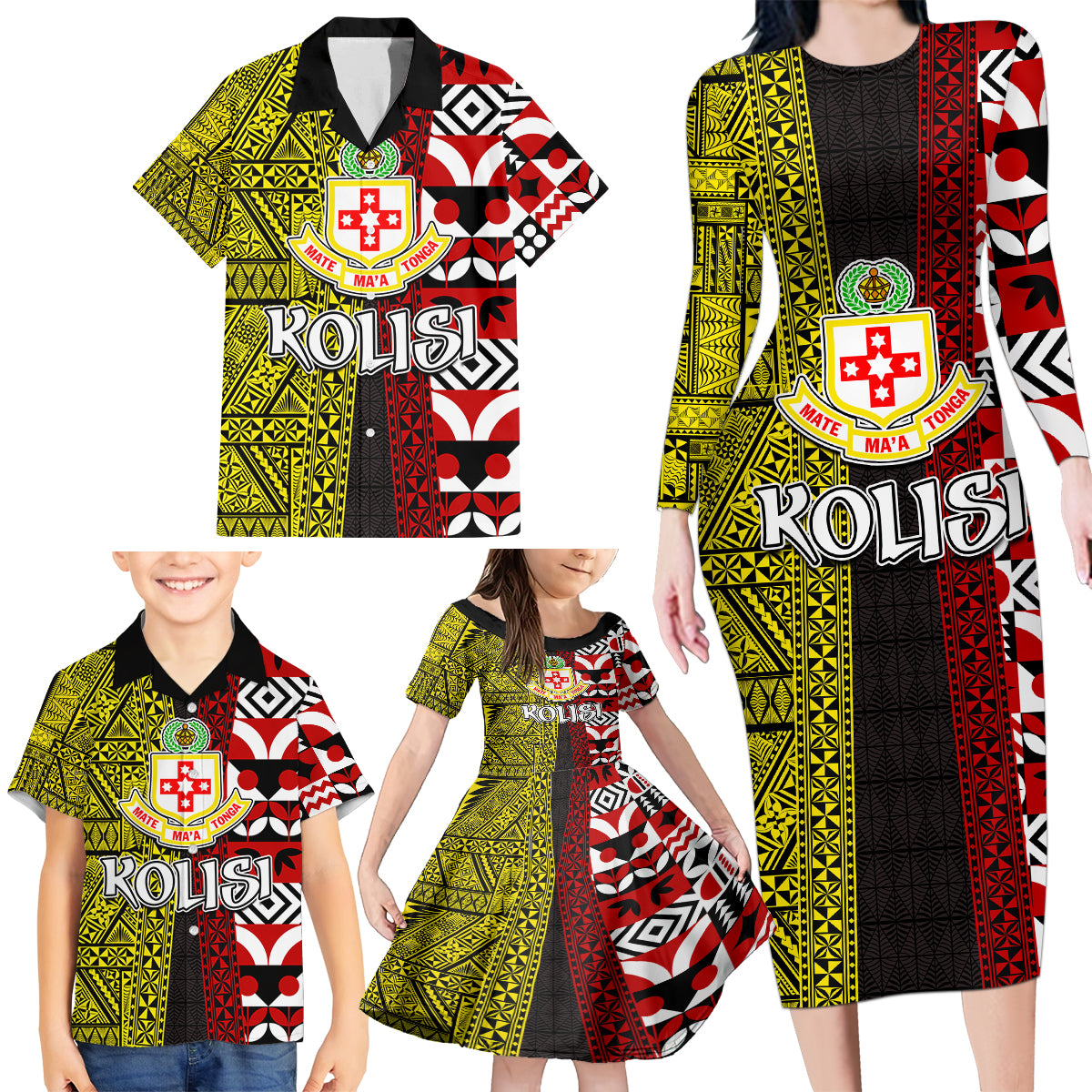 Tonga Kolisi Tonga Family Matching Long Sleeve Bodycon Dress and Hawaiian Shirt Ngatu and Geometric Pattern LT03 - Polynesian Pride