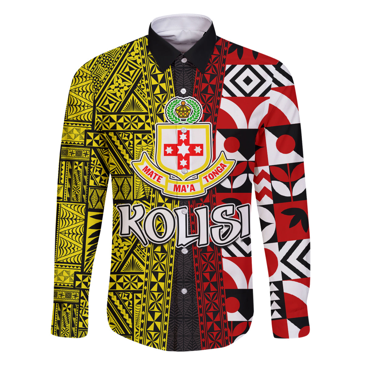 Tonga Kolisi Tonga Family Matching Off Shoulder Long Sleeve Dress and Hawaiian Shirt Ngatu and Geometric Pattern LT03 Dad's Shirt - Long Sleeve Red - Polynesian Pride