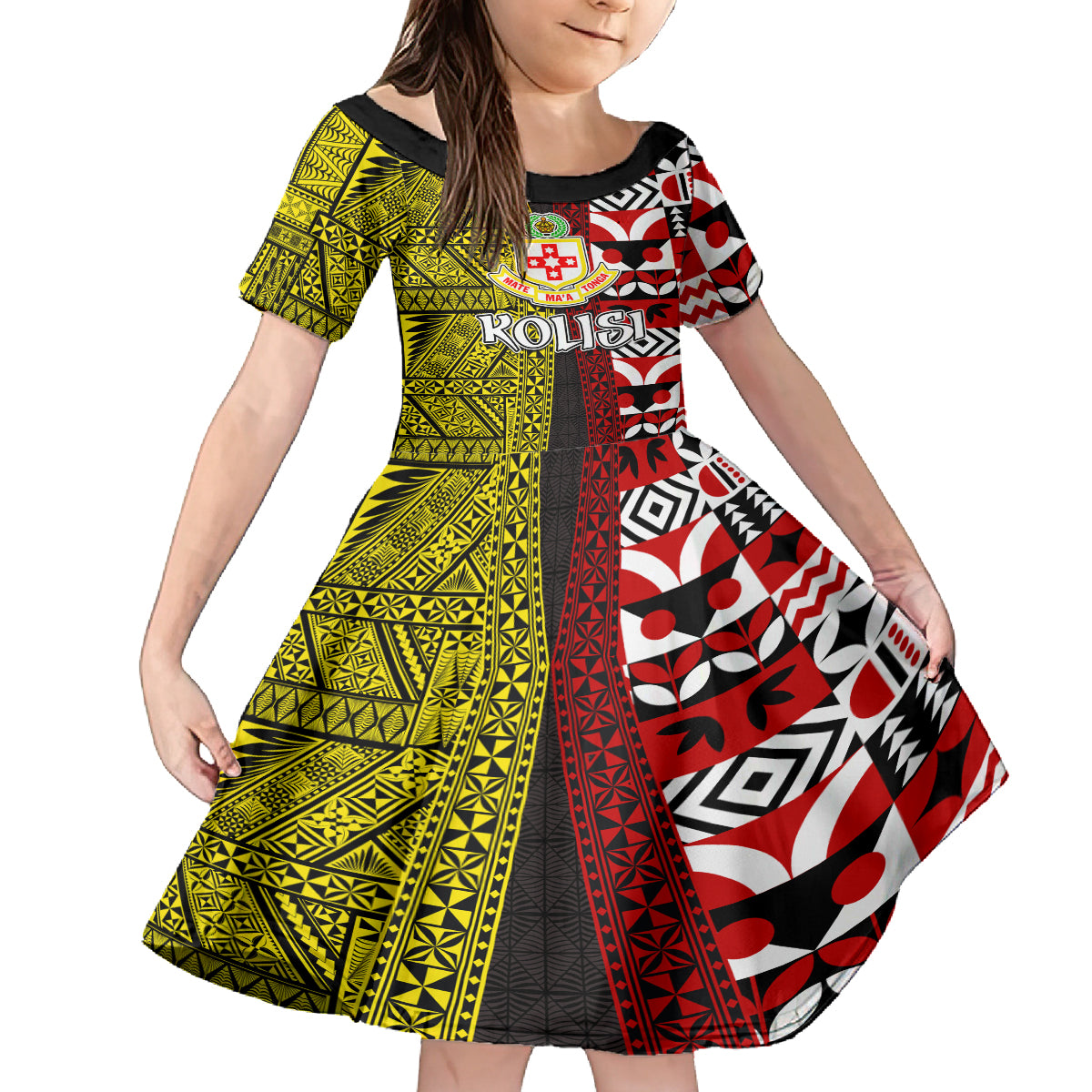 Tonga Kolisi Tonga Kid Short Sleeve Dress Ngatu and Geometric Pattern LT03 KID Red - Polynesian Pride