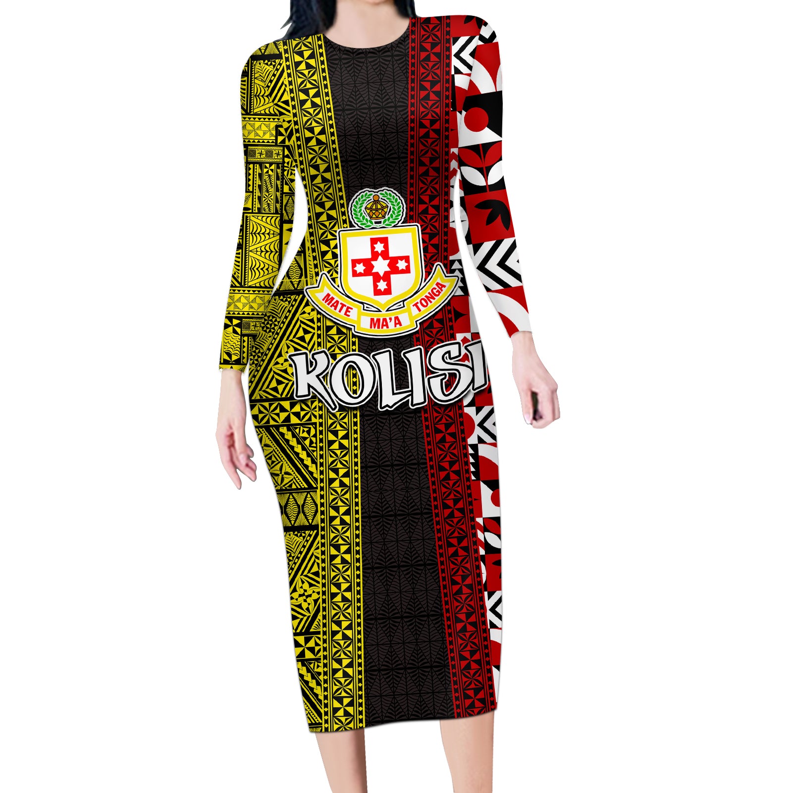 Tonga Kolisi Tonga Long Sleeve Bodycon Dress Ngatu and Geometric Pattern LT03 Long Dress Red - Polynesian Pride