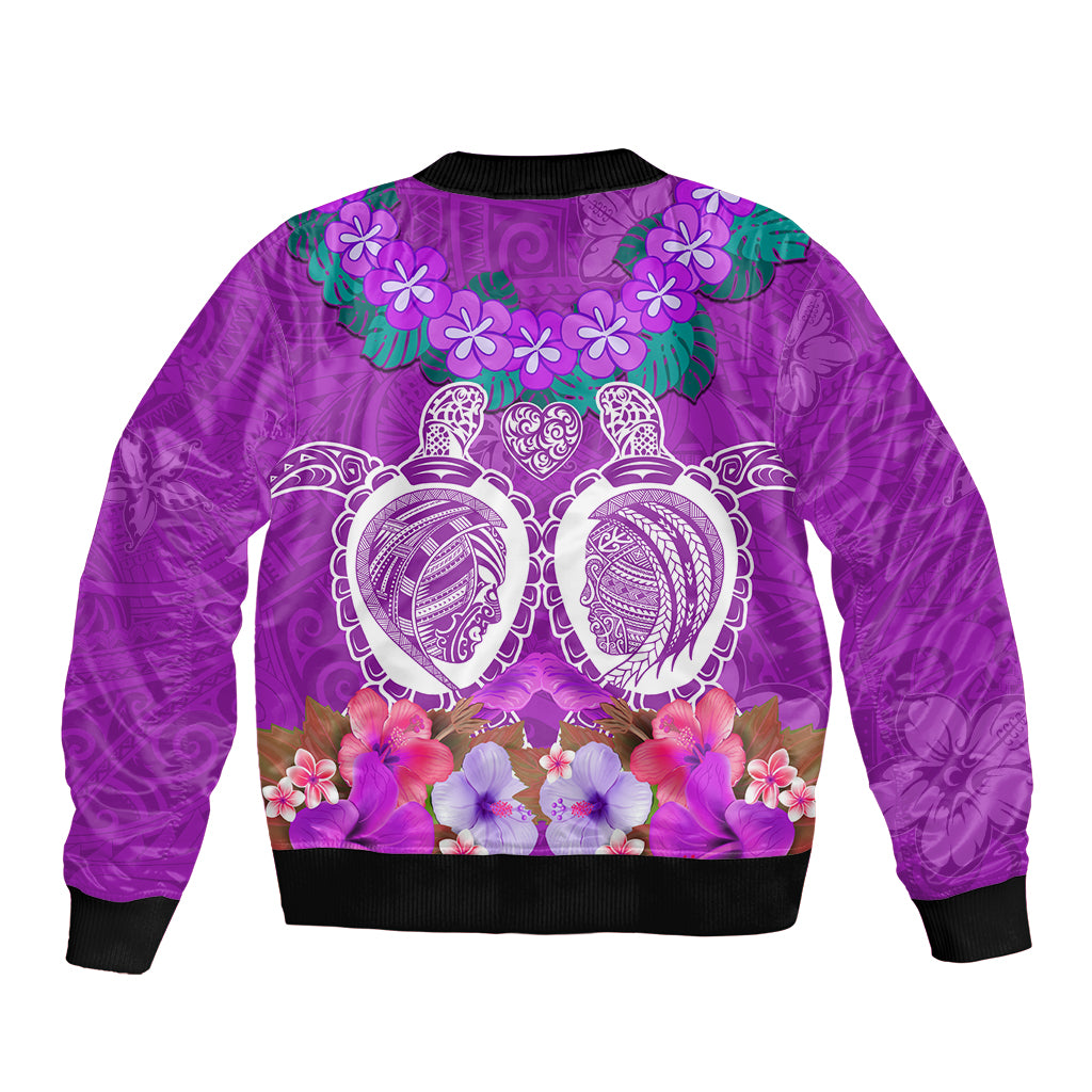 Polynesian Valentine Day Bomber Jacket Love Couple Turtle Maori Hibiscus Purple LT03 - Polynesian Pride