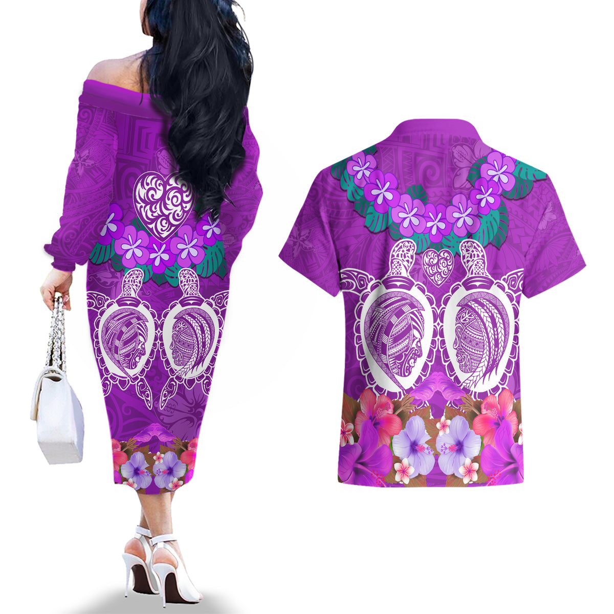 Polynesian Valentine Day Couples Matching Off The Shoulder Long Sleeve Dress and Hawaiian Shirt Love Couple Turtle Maori Hibiscus Purple LT03 - Polynesian Pride