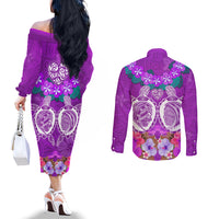 Polynesian Valentine Day Couples Matching Off The Shoulder Long Sleeve Dress and Long Sleeve Button Shirt Love Couple Turtle Maori Hibiscus Purple LT03 - Polynesian Pride