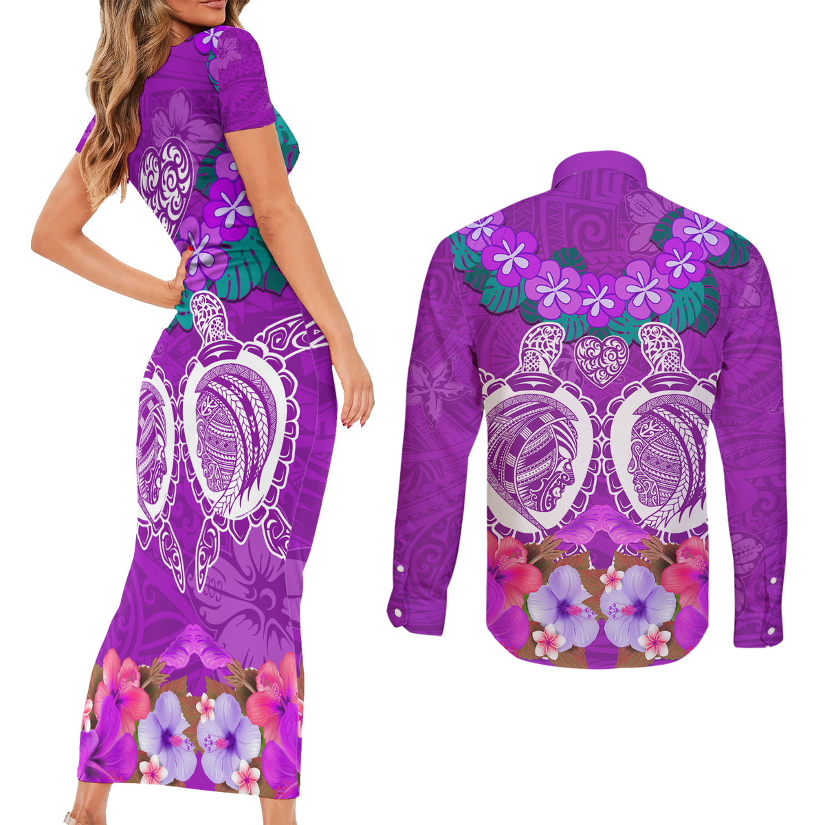 Polynesian Valentine Day Couples Matching Short Sleeve Bodycon Dress and Long Sleeve Button Shirt Love Couple Turtle Maori Hibiscus Purple LT03 - Polynesian Pride