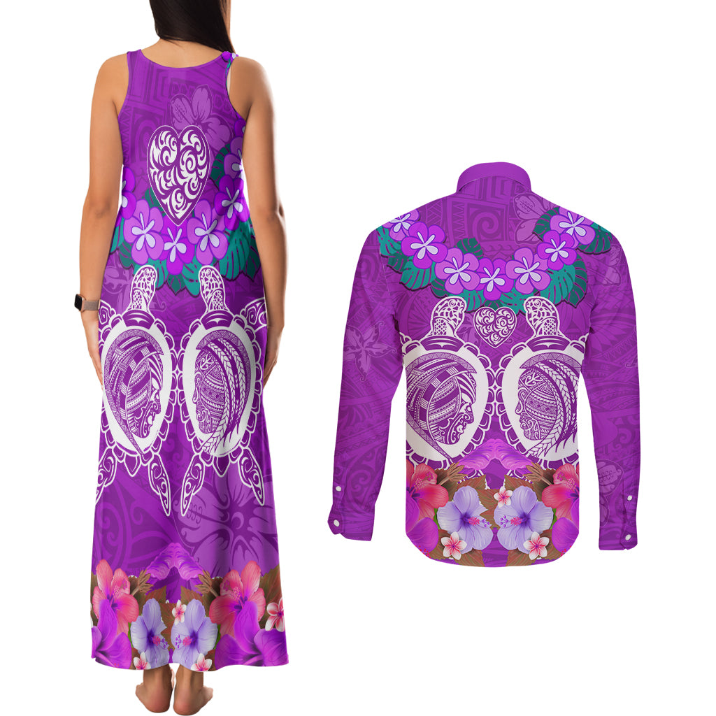 Polynesian Valentine Day Couples Matching Tank Maxi Dress and Long Sleeve Button Shirt Love Couple Turtle Maori Hibiscus Purple LT03 - Polynesian Pride