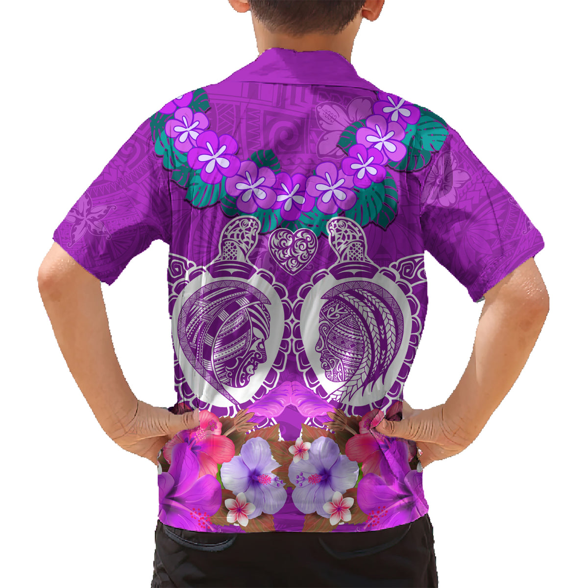 Polynesian Valentine Day Kid Hawaiian Shirt Love Couple Turtle Maori Hibiscus Purple LT03 - Polynesian Pride