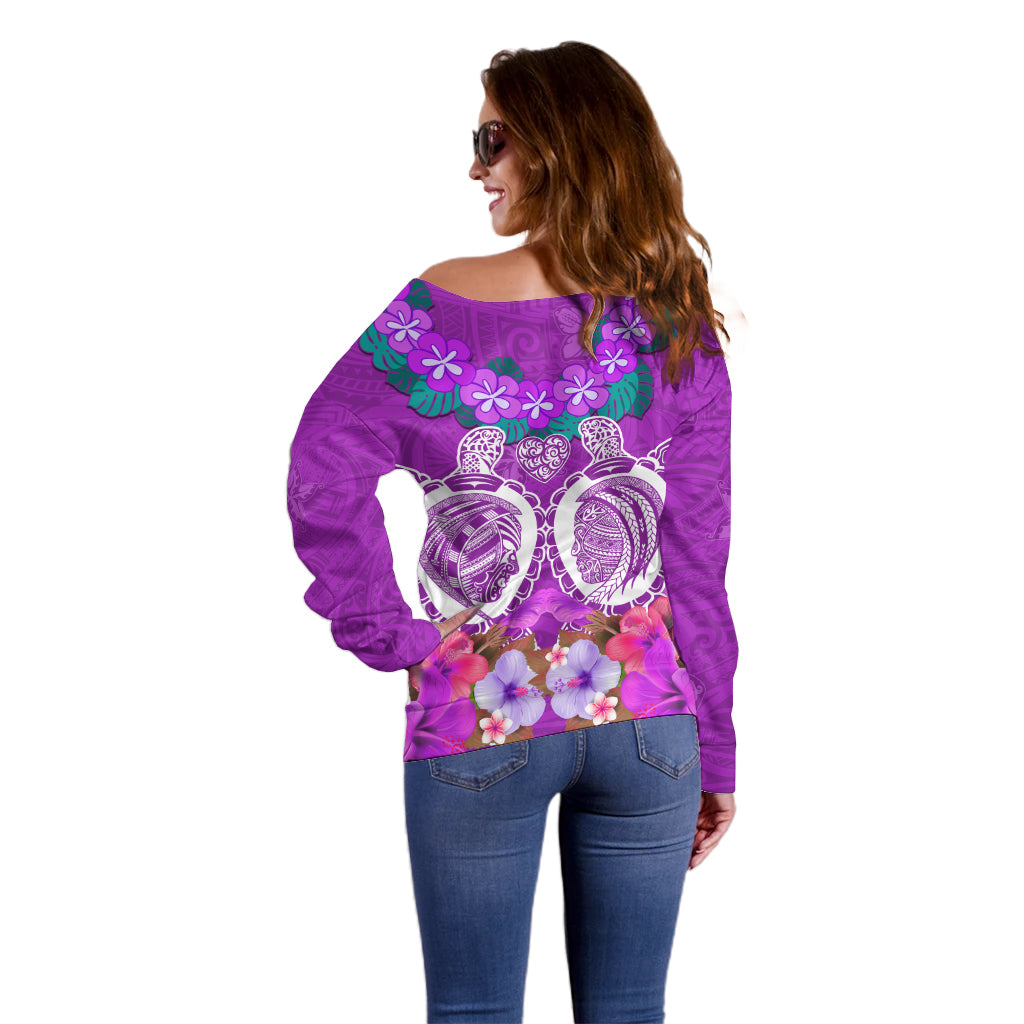 Polynesian Valentine Day Off Shoulder Sweater Love Couple Turtle Maori Hibiscus Purple LT03 - Polynesian Pride