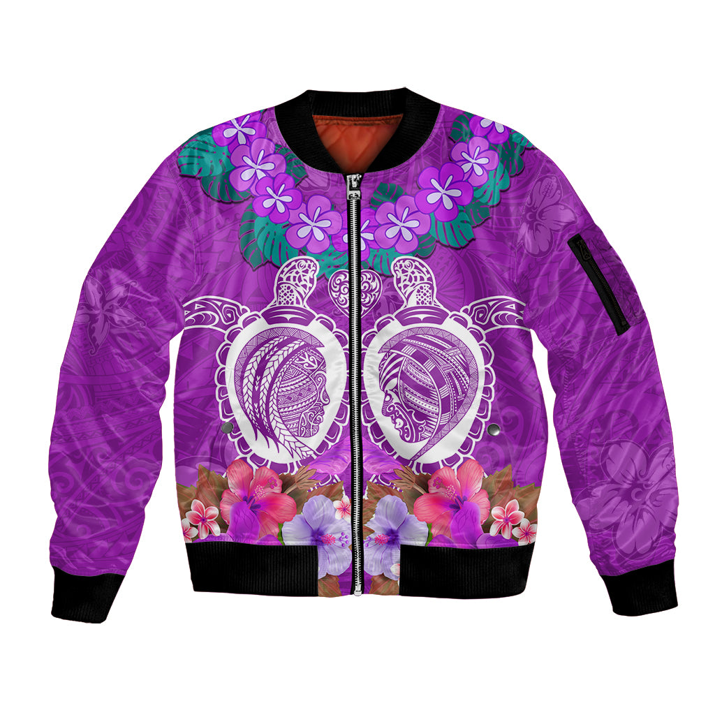 Polynesian Valentine Day Sleeve Zip Bomber Jacket Love Couple Turtle Maori Hibiscus Purple LT03 Unisex Purple - Polynesian Pride