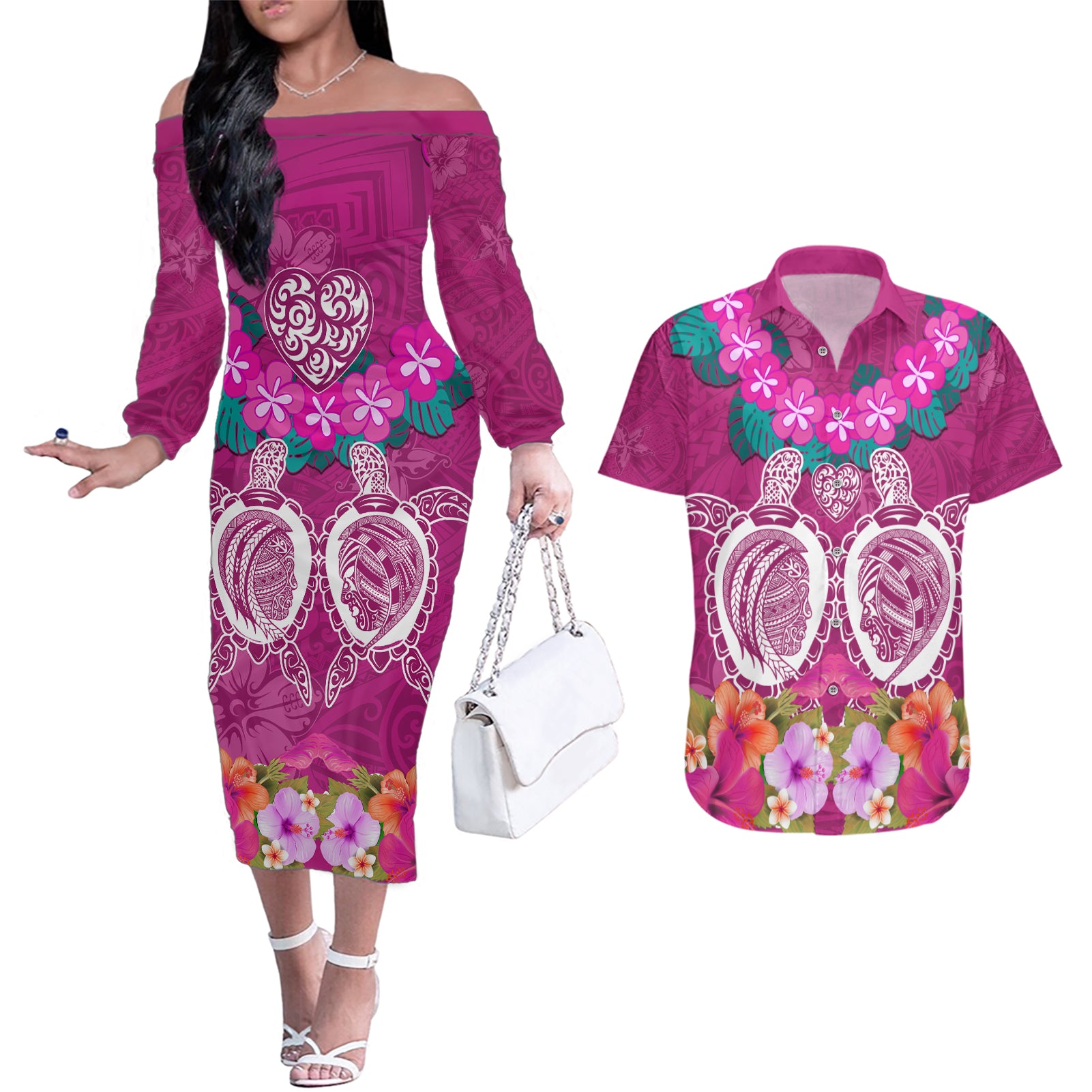 Polynesian Valentine Day Couples Matching Off The Shoulder Long Sleeve Dress and Hawaiian Shirt Love Couple Turtle Maori Hibiscus Pink LT03 Pink - Polynesian Pride