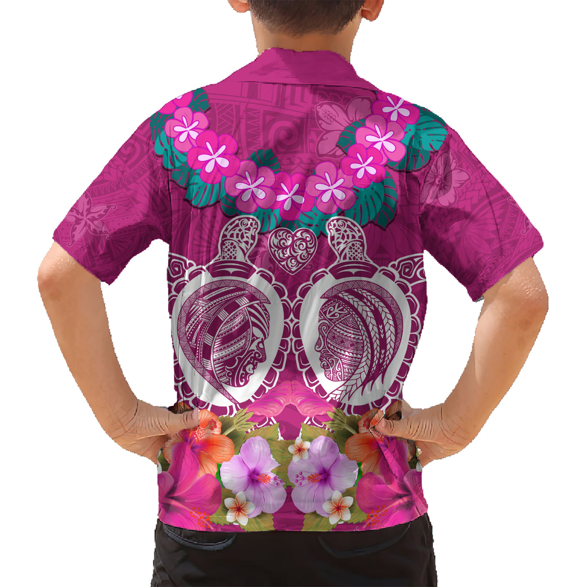 Polynesian Valentine Day Kid Hawaiian Shirt Love Couple Turtle Maori Hibiscus Pink LT03 - Polynesian Pride