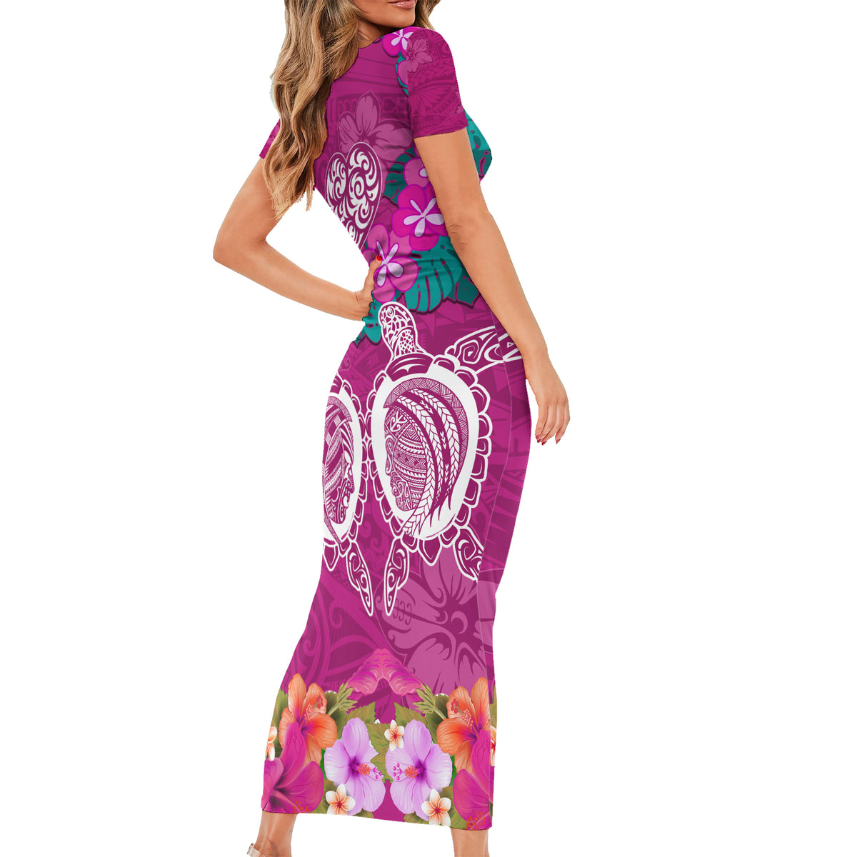 Polynesian Valentine Day Short Sleeve Bodycon Dress Love Couple Turtle Maori Hibiscus Pink LT03 - Polynesian Pride