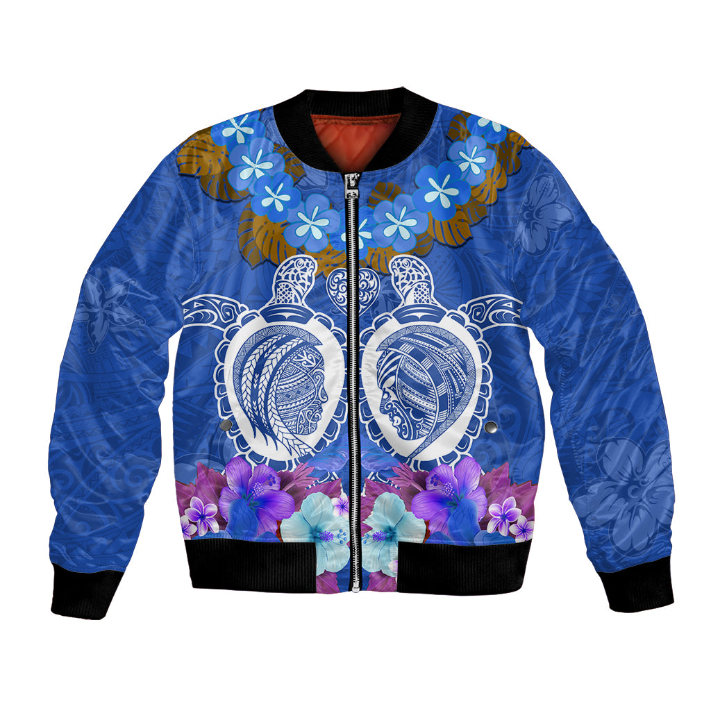 Polynesian Valentine Day Bomber Jacket Love Couple Turtle Maori Hibiscus Blue LT03 Unisex Blue - Polynesian Pride