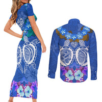Polynesian Valentine Day Couples Matching Short Sleeve Bodycon Dress and Long Sleeve Button Shirt Love Couple Turtle Maori Hibiscus Blue LT03 - Polynesian Pride