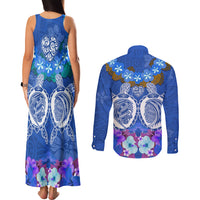 Polynesian Valentine Day Couples Matching Tank Maxi Dress and Long Sleeve Button Shirt Love Couple Turtle Maori Hibiscus Blue LT03 - Polynesian Pride