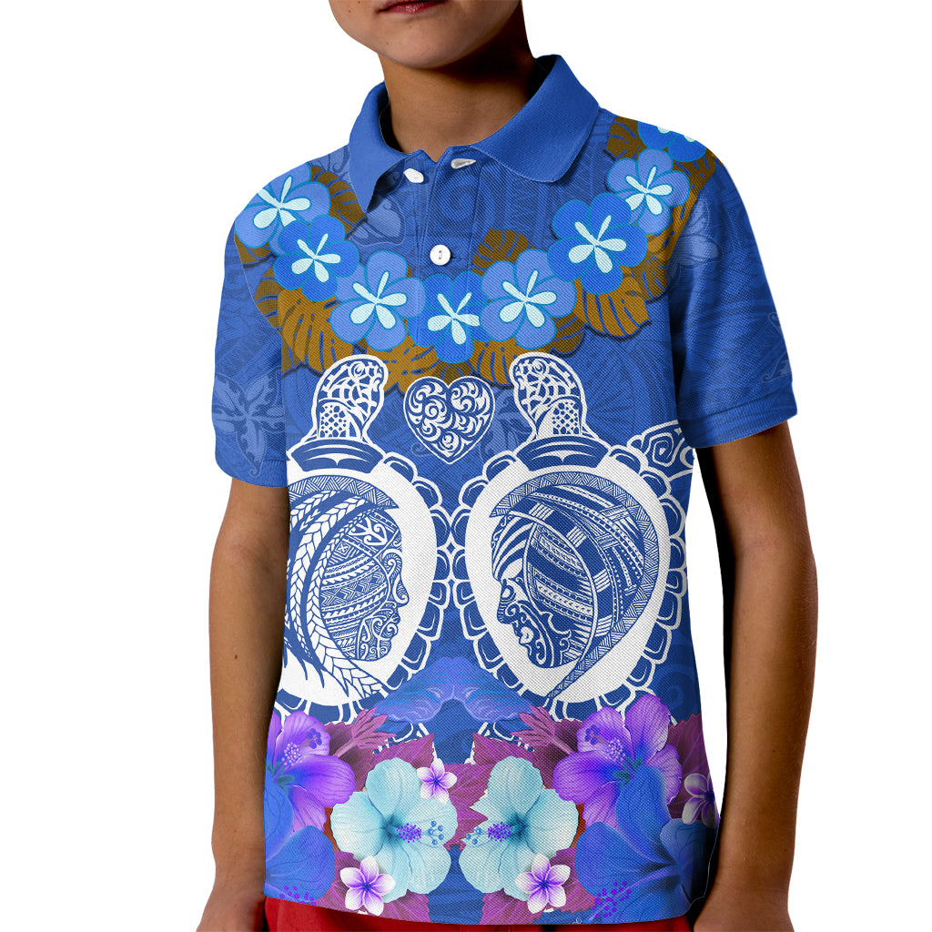 Polynesian Valentine Day Kid Polo Shirt Love Couple Turtle Maori Hibiscus Blue LT03 Kid Blue - Polynesian Pride