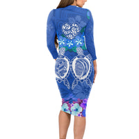 Polynesian Valentine Day Long Sleeve Bodycon Dress Love Couple Turtle Maori Hibiscus Blue LT03 - Polynesian Pride