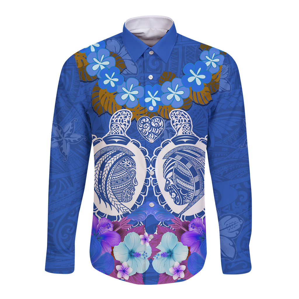 Polynesian Valentine Day Long Sleeve Button Shirt Love Couple Turtle Maori Hibiscus Blue LT03 Unisex Blue - Polynesian Pride