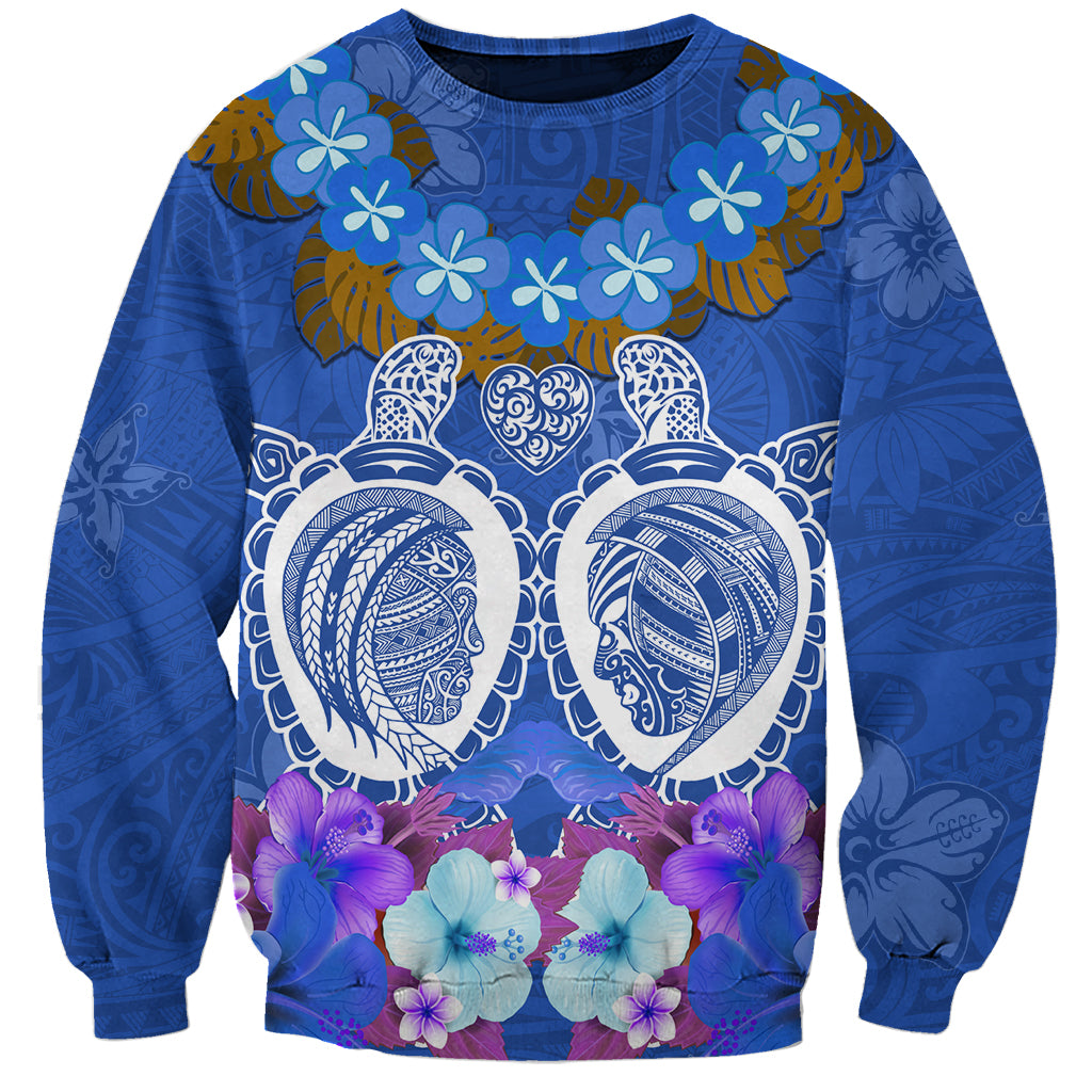 Polynesian Valentine Day Sweatshirt Love Couple Turtle Maori Hibiscus Blue LT03 Unisex Blue - Polynesian Pride